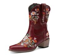 Women's Western Cowboy Boots Floral Embroidery Black Leather Mid Calf Thick Stacked Heel Classic Country Style Fall Winter Travel Festival Daily,Red,2 UK