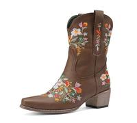 Women's Western Cowboy Boots Floral Embroidery Black Leather Mid Calf Thick Stacked Heel Classic Country Style Fall Winter Travel Festival Daily,Dark Brown,8 UK