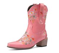 Women's Western Cowboy Boots Floral Embroidery Black Leather Mid Calf Thick Stacked Heel Classic Country Style Fall Winter Travel Festival Daily,Pink,9 UK