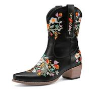 Women's Western Cowboy Boots Floral Embroidery Black Leather Mid Calf Thick Stacked Heel Classic Country Style Fall Winter Travel Festival Daily,Black,6.5 UK
