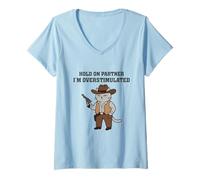 Women's Western Cowboy Cat Hold On Partner I'm Overstimulated Meme V-Neck T-Shirt
