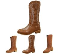 Women's Western Cowboy Cowgirl Boots Retro Embroidery Stitched Round Toe Chunky Heel Boot Casual Comfortable Mid Calf Boots for Country Concert Theme Party