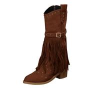 Women's Western Cowboy Mid-Calf Boots with Fringe Tassels, PU Leather, Studded Details, Adjustable Buckle Strap, Available in Black, Blue, Brown, Beige