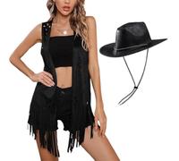 Women's Western Cowgirl Costume Outfits, 2Pcs Hollow Out Sleeveless Fringe Jacket Vest & Vintage Faux Leather Cowgirl Hat 70s Hippie Costume for Hippie Disco Halloween Party Carnival