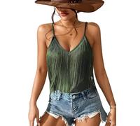 Womens Western Cowgirl Fringe Top - Country Concert Outfits Festival Tassel Hem Boho Rodeo Camisole Rave Tank Shirt, Army Green, XL