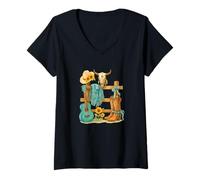 Womens Western Cowgirl Turquoise Guitar Boots & Sunflower Aesthetic V-Neck T-Shirt