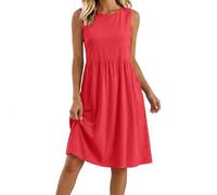 Women's Western Dresses Summer Dresses for Women UK Round Neck Sleeveless Beach Boho A Line Midi Dress Vacation Casual Cotton Linen Holiday Party Evening Sundress with Pockets Knee Length Red
