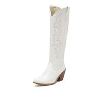 Women's Western Embroidered Cowgirl Boots, Round Toe Side Zipper Mid Calf Boots, Fur Lining Chunky Block Heel Snip Toe Country Tall Boots,White,37