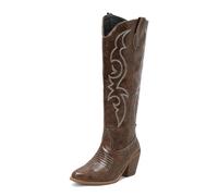 Women's Western Embroidered Cowgirl Boots, Round Toe Side Zipper Mid Calf Boots, Fur Lining Chunky Block Heel Snip Toe Country Tall Boots,Brown,37