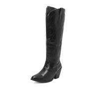 Women's Western Embroidered Cowgirl Boots, Round Toe Side Zipper Mid Calf Boots, Fur Lining Chunky Block Heel Snip Toe Country Tall Boots,Black,41