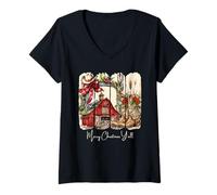 Womens Western Merry Christmas Yall Barn Design V-Neck T-Shirt