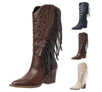 Womens Western Mid Calf Boots Comfortable Pull On Chunky High Heeled Tassel Embroidery Ladies PU Leather Fashionable Western Cowboy Boots for Parties and Proms Size 3.5 Brown