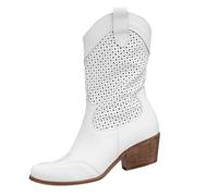Women's Western Perforated Mid-Length Cowboy Boot, Beige Suede, Block Heel Thick Pointed Toe Long Large Size Not Above The Knee Personality Mid Calf Boots Womens Wellies Spring (White, 5.5)