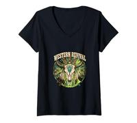 Women's Western Revival Native American Skull Boho Feathers Tribal V-Neck T-Shirt