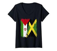 Womens Western Sahara Jamaica Half Flag Sahrawi Jamaican Heritage V-Neck T-Shirt