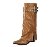 Womens Western Style Boots Knee High Leather Studded Design Double Buckle Straps Pointed Toe Block Heel for Gothic Events,Apricot,12 UK