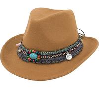 Women's Western Style Cowboy Hat Classic Wide Brim Cowgirl Hats Ladies Vintage Felt Fedora Hat Roll Up Trilby Cowboy Hats Fancy Dress Costume Accessory for Cosplay Party Light tan