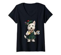 Women's Westie Lady West-Highland Terrier Dog Coffee England Flag V-Neck T-Shirt