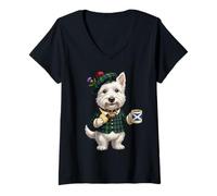 Women's Westie Lady West-Highland Terrier Dog Coffee England Flag V-Neck T-Shirt