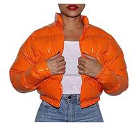 Womens Wet Look Cropped Puffer Jacket Vinyl High Shine Quilted Winter Coat PVC PU Shiny Sequins Parka Down Puffy Bubble Solid Color Fashion Outerwear Gifts for Women (Orange, XXL)