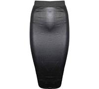 Womens Wet Look Faux Leather Ladies Pencil Fitted Stretch Elastic Waistband Wiggle Midi Black Skirt Plus Size Size 16 - 18