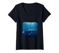 Women's Whale Deep Ocean Underwater Marine Life Blue Scene Design V-Neck T-Shirt