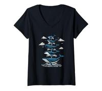Women's Whale Tower Stacked Ocean Marine Life Whale Watching V-Neck T-Shirt