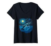 Women's Whale Watching Painting & Starry Night Ocean Marine Life V-Neck T-Shirt