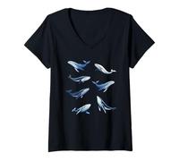 Womens Whales Ocean Marine Life Whale Watching Blue V-Neck T-Shirt