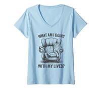 Womens What Am I Doing with My Lives Cat Humor Vintage Meme V-Neck T-Shirt