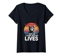 Womens What Am I Doing with My Lives Cat Retro Sunset Funny Cat V-Neck T-Shirt