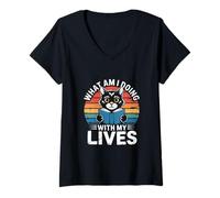 Womens What Am I Doing with My Lives Cat Retro Sunset Humor V-Neck T-Shirt