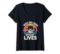 Womens What Am I Doing with My Lives Cat Retro Sunset Humor V-Neck T-Shirt