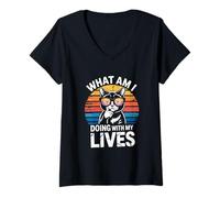 Womens What Am I Doing with My Lives Cat Retro Vintage V-Neck T-Shirt