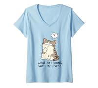 Women's What Am I Doing with My Lives Funny Nine Lives Cat Quote V-Neck T-Shirt