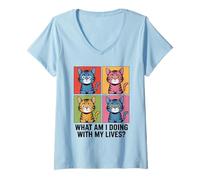 Womens What Am I Doing with My Lives Funny Pop Art Cat Quote Meme V-Neck T-Shirt