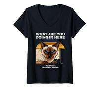 Women's What are You Doing in Here Anxious Siamese Cat V-Neck T-Shirt