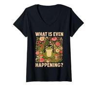 Women's What is Even Happening Funny Frog Floral Mushroom V-Neck T-Shirt
