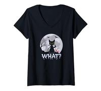 Womens What? Murderous Horror Knife Wielding Creepy Cat Under Moon V-Neck T-Shirt