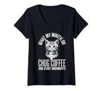 Women's What My Mouth Do Chug Coffee and Start Arguments Kitten Cat V-Neck T-Shirt