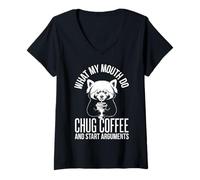 Women's What My Mouth Do Chug Coffee and Start Arguments Red Panda V-Neck T-Shirt