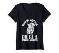 Women's What My Mouth Do Chug Coffee and Start Arguments Squirrel V-Neck T-Shirt