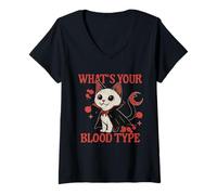 Womens What’s Your Blood Type Vampire Cat Blood Donor Phlebotomist V-Neck T-Shirt