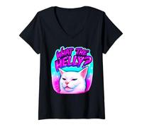 Womens What The Helly Ironic Meme Cat Brainrot Quote Gen Z Alpha V-Neck T-Shirt