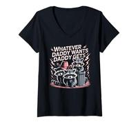 Women's Whatever Daddy Wants Daddy Gets Funny Raccoon Alpha Meme V-Neck T-Shirt
