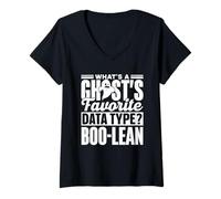 Womens What's A Ghost's Favorite Data Type Boo-Lean Cute Ghost Boo V-Neck T-Shirt