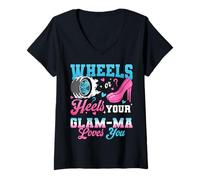 Womens Wheels Or Heels Your Glam-Ma Loves You Gender Reveal Party V-Neck T-Shirt