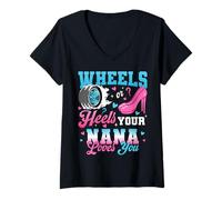 Womens Wheels Or Heels Your Nana Loves You Gender Reveal Party V-Neck T-Shirt