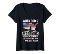 Womens When God is Warriors Go Down On Their Knees Jesus US Flag V-Neck T-Shirt