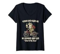 Women's When God Made Me He Grinned and Said Funny Frog On Bicycle V-Neck T-Shirt